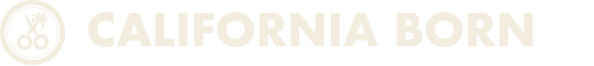 Close-up of United States California Born bumper sticker logo with black text and logo on a white background.